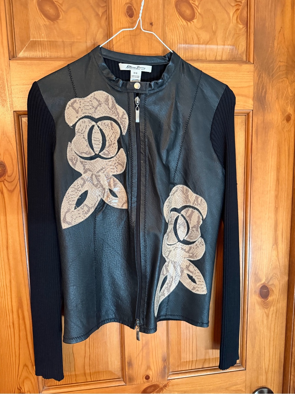 Katherine Barclay Black Leather-Front Jacket with Beige Floral Appliqués